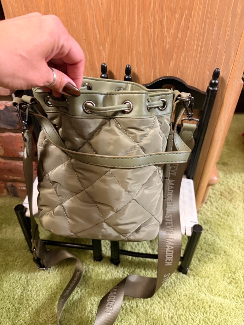 Steve Madden Quilted Drawstring Crossbody Bag in Olive